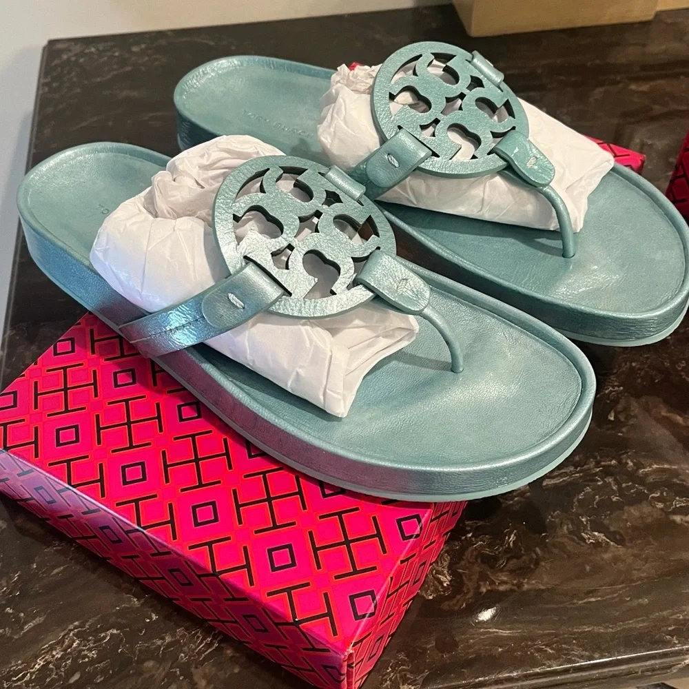 Tory Burch Miller Cloud Sandals metallic blue 10 Audrey Blue $225 - Picture 7 of 8